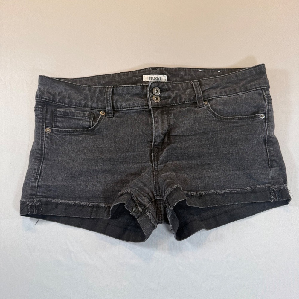 Mudd Black Denim Shorts Double Button Raw Hem Size 11 JM61D002RW3
